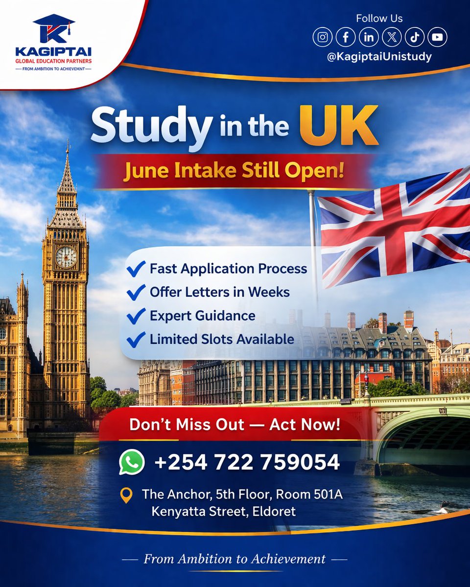 job_too's tweet image. Still thinking about studying in the UK?
June intake is almost full.
We’re processing applications NOW.
📲 WhatsApp: +254722759054
#StudyInUK #Kenya #Eldoret