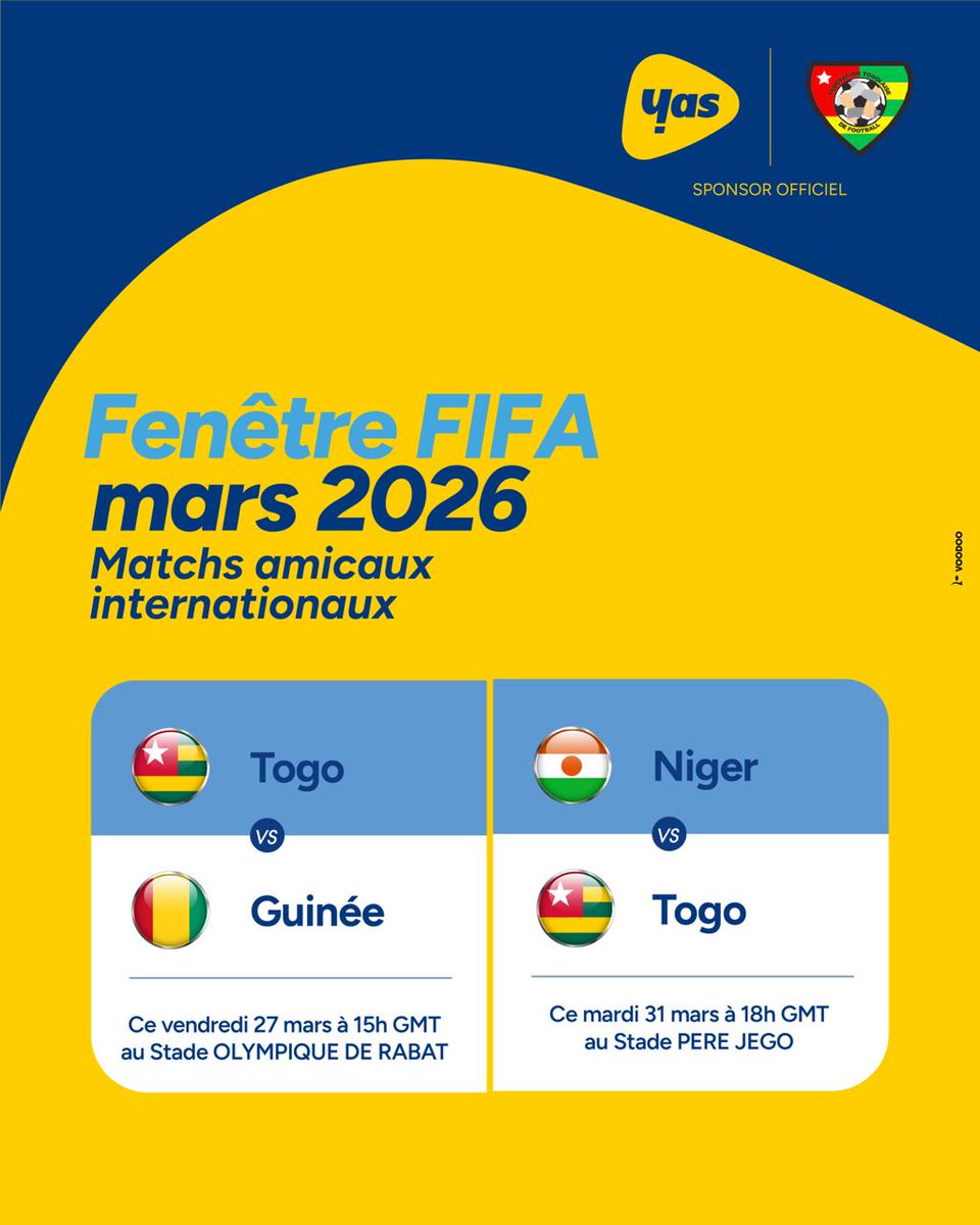 Fenêtre FIFA – Mars 2026
Les Éperviers sont de retour ! 🇹🇬

Deux rendez-vous, une seule mission : défendre nos couleurs 💪

📍 Togo 🆚 Guinée
🗓 Vendredi 27 mars – 15H GMT

📍 Niger 🆚 Togo
🗓 Mardi 31 mars – 18H GMT

Tous derrière les Éperviers ! 🔥🇹🇬

#Eperviers #TousEperviers