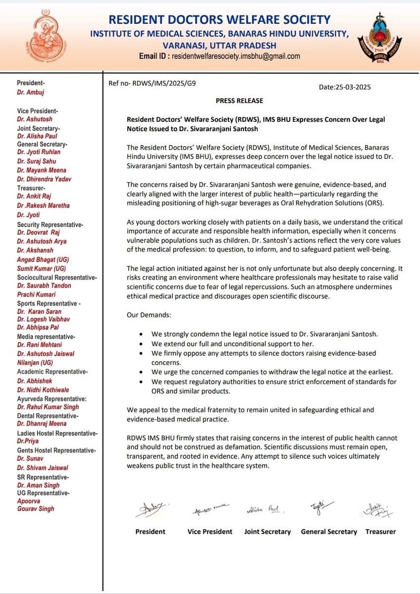 GOURAVRAIIMS's tweet photo. We stand in solidarity with Dr Sivararanjani Santosh Ma’am . The audacity of the pharmaceutical companies to cover up their fraudulent and illegal acts by getting legal notice against Ma’am must be condemned worldwide . 

Regards 
Dr Gourav
Ex-President , RDWS-BHU
AIIMS New Delhi https://t.co/SHz6wpINgc