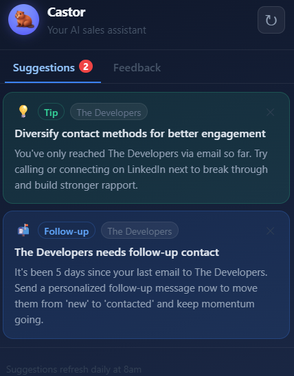 borisvanleuven's tweet photo. Did you know Castor Flow has an AI assistant called Castor? 🦫

It gives you daily tips and reminders on which leads to follow up with, so you never miss an opportunity.

More focus. More deals. Less hassle. 🚀
#CRM #AI #Sales https://t.co/2IREDF5Wub