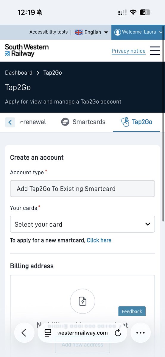 laurat2015's tweet photo. @SW_Help If success is measured by the gates opening, then yes! I can see the smartcard on the new website but it looks as though no cards are registered for tap2go. Same on the pc version. https://t.co/9qrzw7alWA