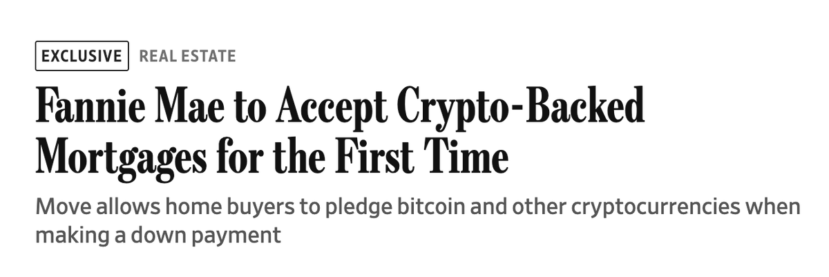 milkroaddaily's tweet photo. Fannie Mae and Freddie Mac just got told to count crypto as a mortgage asset!

The FHFA (the regulator that oversees a $12T housing finance system) instructed both GSEs to develop plans to include crypto holdings in single-family mortgage risk assessments.

You don't have to sell your Bitcoin to buy a house. That's the headline.

But the bigger story is what this signals about legitimacy.

Cause crypto has sat in a weird legal limbo for the longest time - real money to holders, invisible to lenders. Your $500K in $BTC didn't help you qualify for a home loan. It didn't exist on paper.

That changes now.

Borrowers with significant crypto holdings can use those assets toward qualifying for a mortgage without liquidating.

(Crypto just got a government ID)