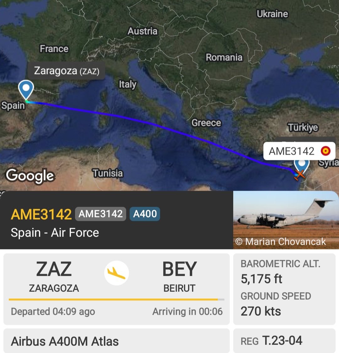 LebanonJets's tweet photo. #Spain AirForce A400M T.23-04 #3532C2 into #Beirut from Zaragoza as #AME3142 being the 3rd "AirMil" A400 of the month. Same airframe prev #UNIFIL trips were in 2023- Nov20 & Oct26
@Web_AME https://t.co/KTAPux3u0u