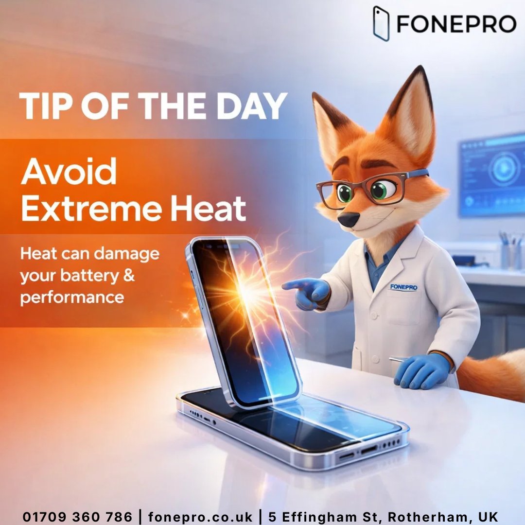 Fonepro_'s tweet image. Tip of the day: Avoid using your phone in extreme heat or direct sunlight. High temperatures can damage your battery and affect performance.

📍 5 Effingham St, Rotherham
📞 01709 360 786
🌐 fonepro.co.uk

#tipoftheday #mobiletips #phonecare #smartphonetip #fonepro