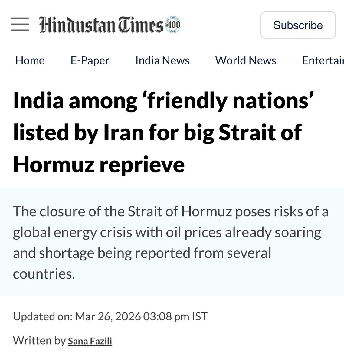 This news that India is amongst the five friendly Nations by Iran is significant as they will allow our shops to pass through the straits of Hormuz.

Those who abused our PM / Government stating that he / they spoiled the relationship with Iran music wipe the eggs on their faces.