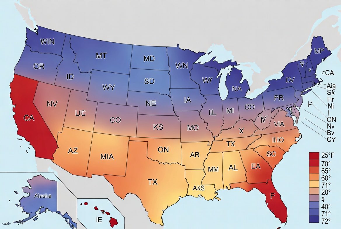yinka20's tweet photo. USA map with average temperature across states. https://t.co/hkCfNfbEDX