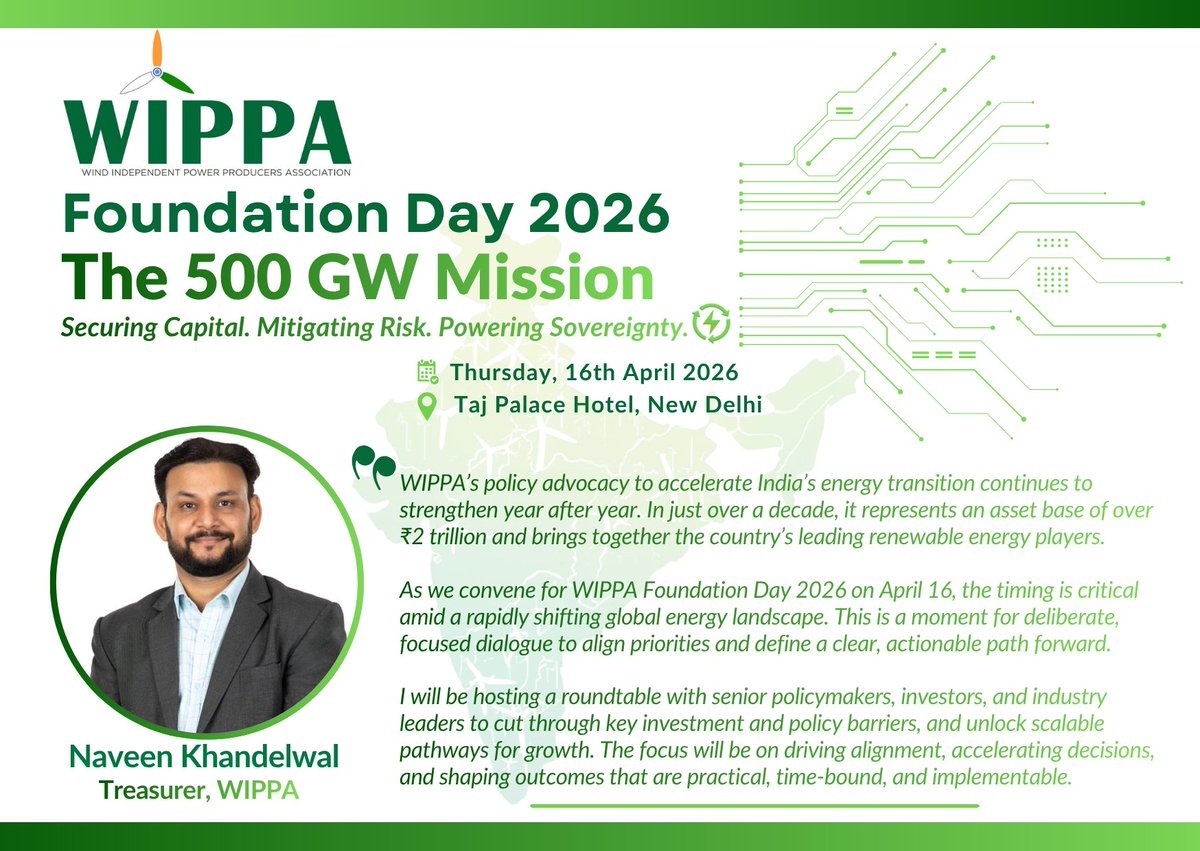 As we gear up for WIPPA Foundation Day's The 500GW Mission, Naveen Khandelwal, our Treasurer &amp; India CEO of Yanara, highlights WIPPA's role in bringing the industry together for a cohesive march towards India's #energysecurity linkedin.com/feed/update/ur…
By invitation only