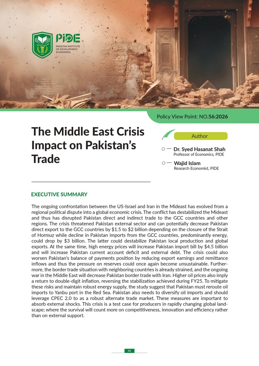 𝗠𝗶𝗱𝗱𝗹𝗲 𝗘𝗮𝘀𝘁 𝗖𝗿𝗶𝘀𝗶𝘀: 𝗔 𝗚𝗿𝗼𝘄𝗶𝗻𝗴 𝗘𝗰𝗼𝗻𝗼𝗺𝗶𝗰 𝗦𝗵𝗼𝗰𝗸 𝘁𝗼 𝗣𝗮𝗸𝗶𝘀𝘁𝗮𝗻

Due to current Global Conflict, Exports to GCC countries may fall by $1.5–2 billion, while rising energy prices could increase the import bill by $4.5 billion in the short