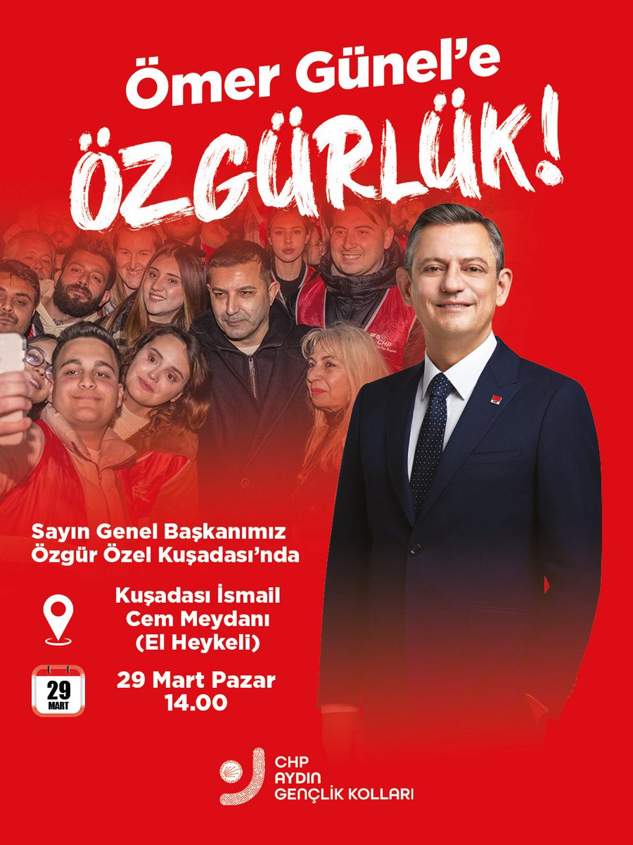 Cumhuriyet Halk Partisi Genel Başkanımız Özgür Özel Kuşadası’nda!
Halkın oyuyla geleni, masa başında göndermek isteyenlere karşı meydandayız.

Ömer Günel yalnız değil.
Gençlik burada.

📍 İsmail Cem Meydanı
🕑 14.00
📅 29 Mart