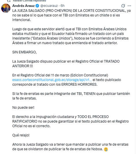 EcEnDirecto's tweet photo. #ATENCIÓN 
El excandidato presidencial @ecuarauz mencionó que tras alertar que el TBI con #EmiratosÁrabesUnidos estaba mutilado y que el #Ecuador había firmado un tratado con un país inexistente "("Estados Árabes Unidos"), (Daniel) Noboa se fue corriendo a Emiratos Árabes a firmar un nuevo tratado que enmienda el tratado anterior". 
Arauz indicó que, pese a ello, la jueza Claudia Salgado dispuso publicar en el Registro Oficial el Tratado anterior.
"Si la fe de erratas es parte integrante del TBI, tienen que publicar también la fe de erratas", manifestó.