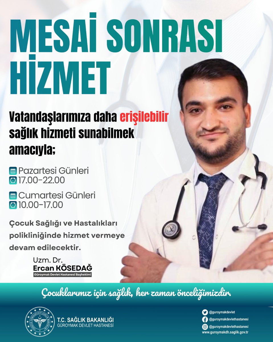 guroymakdevlet's tweet photo. Vatandaşlarımıza daha erişilebilir sağlık hizmeti sunabilmek amacıyla Nisan ayında hizmet saatlerimizi genişletiyoruz. 🏥

👶 Çocuk Sağlığı ve Hastalıkları Uzmanlarımız,
🗓 Pazartesi Günleri 
🕙17.00-22.00

🗓 Cumartesi Günleri 
🕔10.00-17.00 https://t.co/lLjiiSG0vu