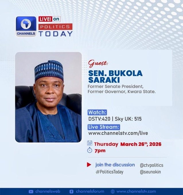 MADUJR01's tweet image. Dr. Abubakar Bukola Saraki will be live on #PoliticsToday on 
@Channelstv with @SeunOkin , discussing key national issues and the way forward.

Make sure to tune in at 7pm.