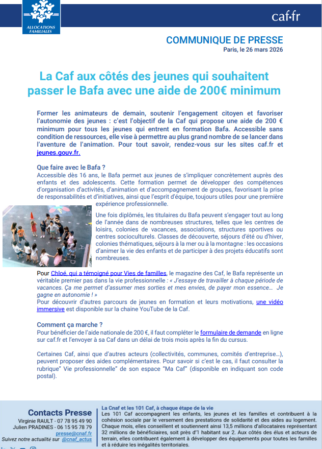cnaf_actus's tweet photo. #presse 

Former les animateurs de demain 👩‍🏫🧑‍🏫, soutenir l’engagement citoyen 🤝 et favoriser l’autonomie des jeunes  : c’est l’objectif de l'aide de 200 € minimum versée par les Caf aux jeunes qui entrent en formation Bafa. 

Accessible sans condition de ressources, elle permet au plus grand nombre de franchir le pas 🙌.

Pour tout savoir, rendez-vous sur les sites https://t.co/JMvUFl1whn et https://t.co/EFdOJNhWS5 🌐

Notre communiqué de presse : https://t.co/eqmgm3Csa3
