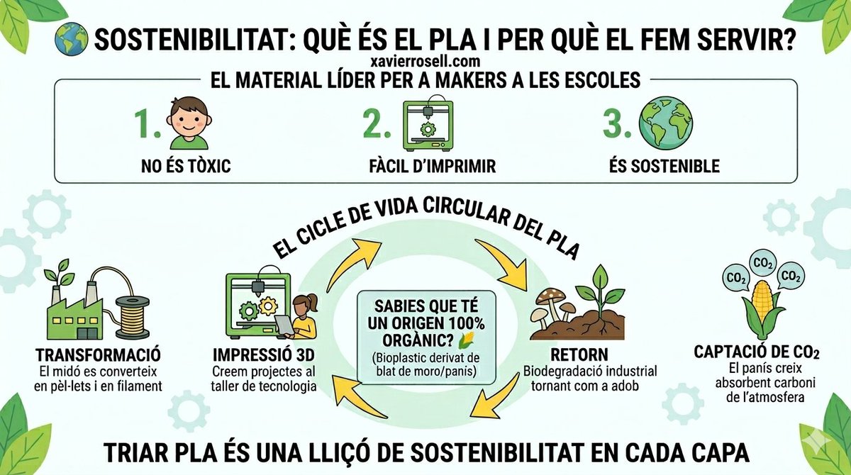 XavierRosell's tweet image. Espais de fabricació digital més sostenibles? 🌍♻️🌱

Comparteixo aquesta infografia sobre el #PLA per treballar a l'aula l'origen bio dels materials i el pensament crític en la #Impressio3D. 🌽

📥 Recurs obert: xavierrosell.com/filaments-pla-…