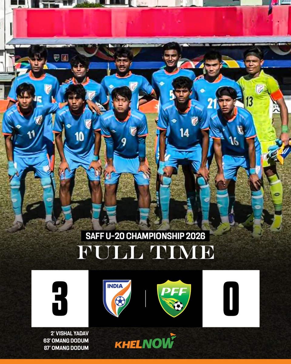 KhelNow's tweet image. Full Time: India 3-0 Pakistan 🇮🇳🔥

A dominant display as the Blue Colts cruise past their arch-rivals to seal a spot in the semi-finals of the SAFF U-20 Championship 2026 💪⚽

#IndianFootball #SAFFU20 #IndPak