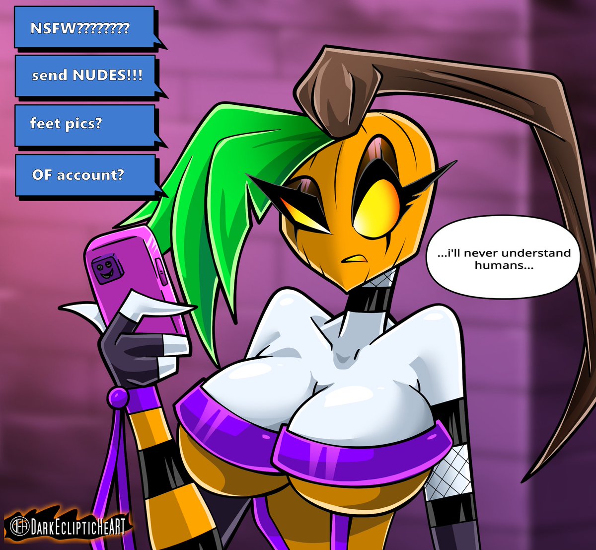 Drawing that I drew of my OC Esmeralda the pumpkin queen dealing with her simps