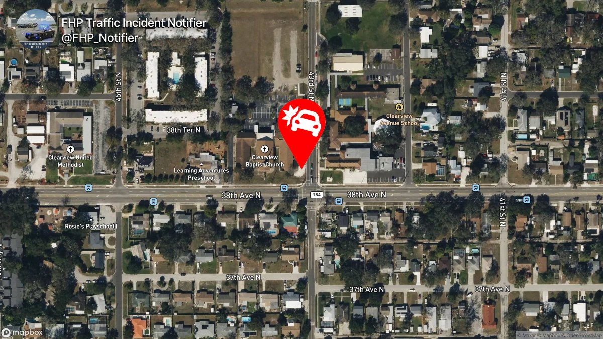 FHP_Notifier's tweet image. Alert: Vehicle Crash with Injuries

Location: 3815 43rd St N, St Petersburg, Pinellas County
Remark: No Roadblock
Reported: 8:43 AM
Coordinates: 27.8066600131752, -82.6919783411332