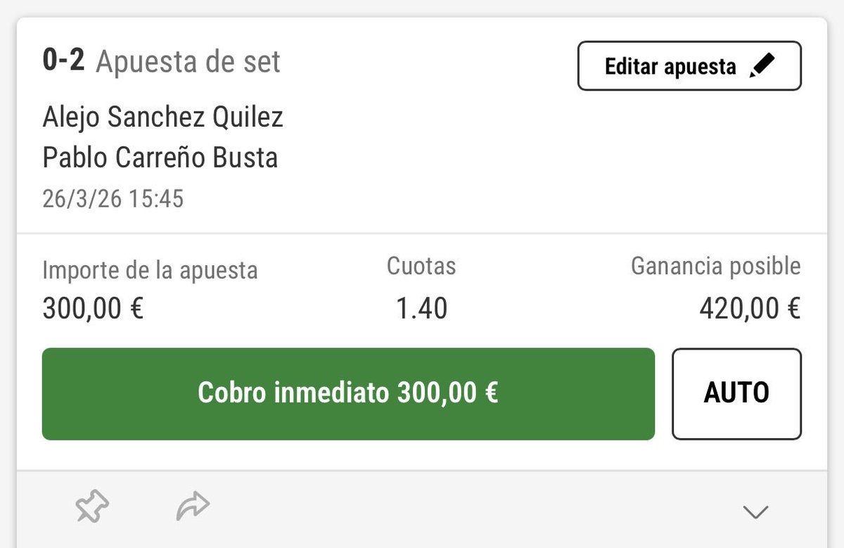 AMBet_Oficial's tweet image. 🚨🎾 STAKAZO EN JUEGO 🎾🚨

Carreño Busta Gana 2-0 sets ✅
Cuota 1.40 📈
Stake 300€ 💰

Explicación DETALLADA en Telegram 👀📲
Activa notificaciones 🔔 que hoy viene fuerte 🔥

#AMBets #Tenis #ApuestasDeportivas #Tipster #ValueBet #Apuestas #Betting #Stake #LiveBet #Ganancias