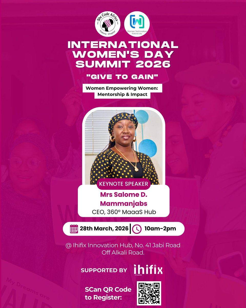 It's 3 days to our IWD Summit 2026 .
Meet our keynote speaker mrs.Salome Danjuma 

She is a mentor, a lecturer and the founder of 360MAAASHUB; a hub with Co-working space, offers Trainings to both adults &amp; children, provides tech solutions and manager ICT projects in kaduna.