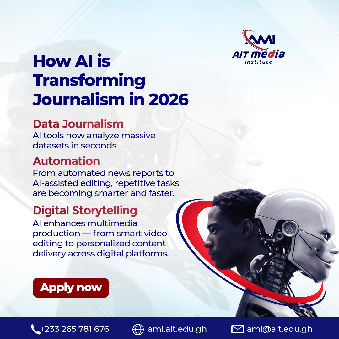aituniversity's tweet photo. AI is transforming journalism.
Learn Data, Automation & Digital Storytelling at AIT Media Institute.
Apply now.
#AIInMedia #FutureOfJournalism #DigitalMedia https://t.co/PWpvfLNNCH