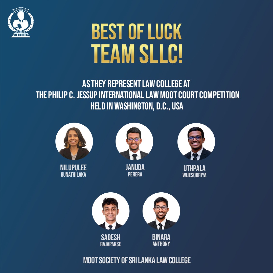 MootSociety's tweet photo. Wishing the very best to the Sri Lanka Law College team as they take part in The Philip C. Jessup International Law Moot Court Competition in Washington, D.C., USA!

The team is coached by Mr. Sandun Batagoda, AAL.

We wish the team every success for the competition ahead! https://t.co/h6CJ4VIZLc