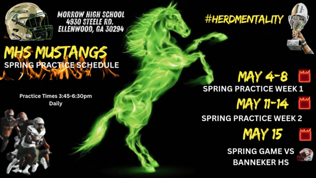MorrowFootball's tweet photo. Morrow Mustangs Spring Practice Dates #EllenwoodU #ForTheU https://t.co/PeGQUYtoLx