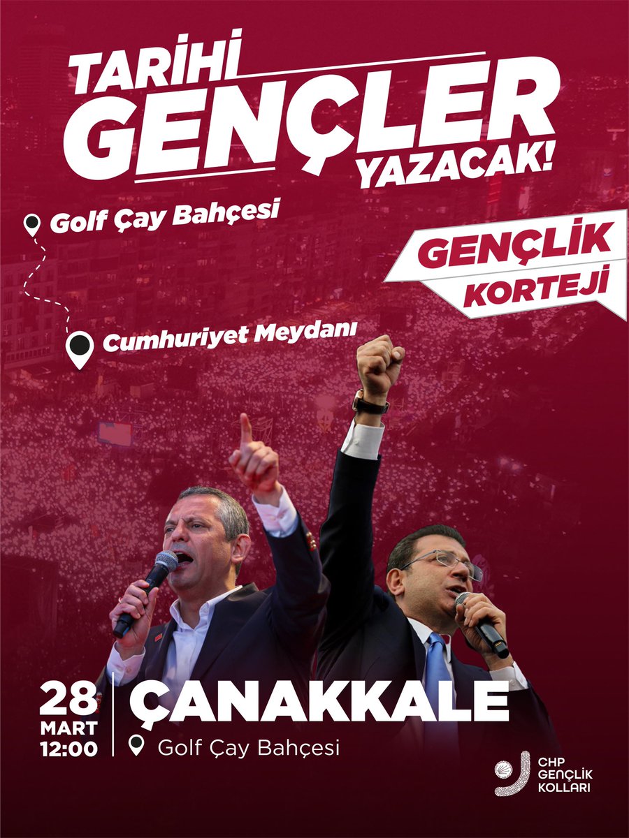 Gençlik kortejinde buluşuyor, özgürlük için yürüyoruz.

📍Golf Çay Bahçesi, Çanakkale
📅28 Mart Cumartesi
🕣12.00