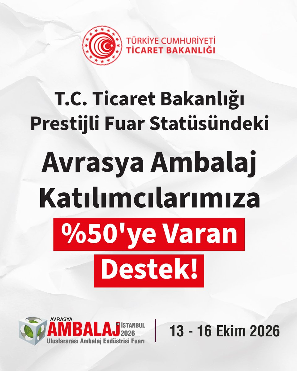 packagingist's tweet photo. Avrasya Ambalaj İstanbul 2026, Prestijli Fuar statüsünde!
 
13-16 Ekim 2026 tarihlerinde İstanbul'daki Tüyap Fuar ve Kongre Merkezi'nde düzenlenecek fuarımız, T.C. Ticaret Bakanlığı’nın Yurt İçi Sektörel Nitelikli Fuarlar programı kapsamında Prestijli Fuar olarak destekleniyor. https://t.co/DZJ4Ywmsaw