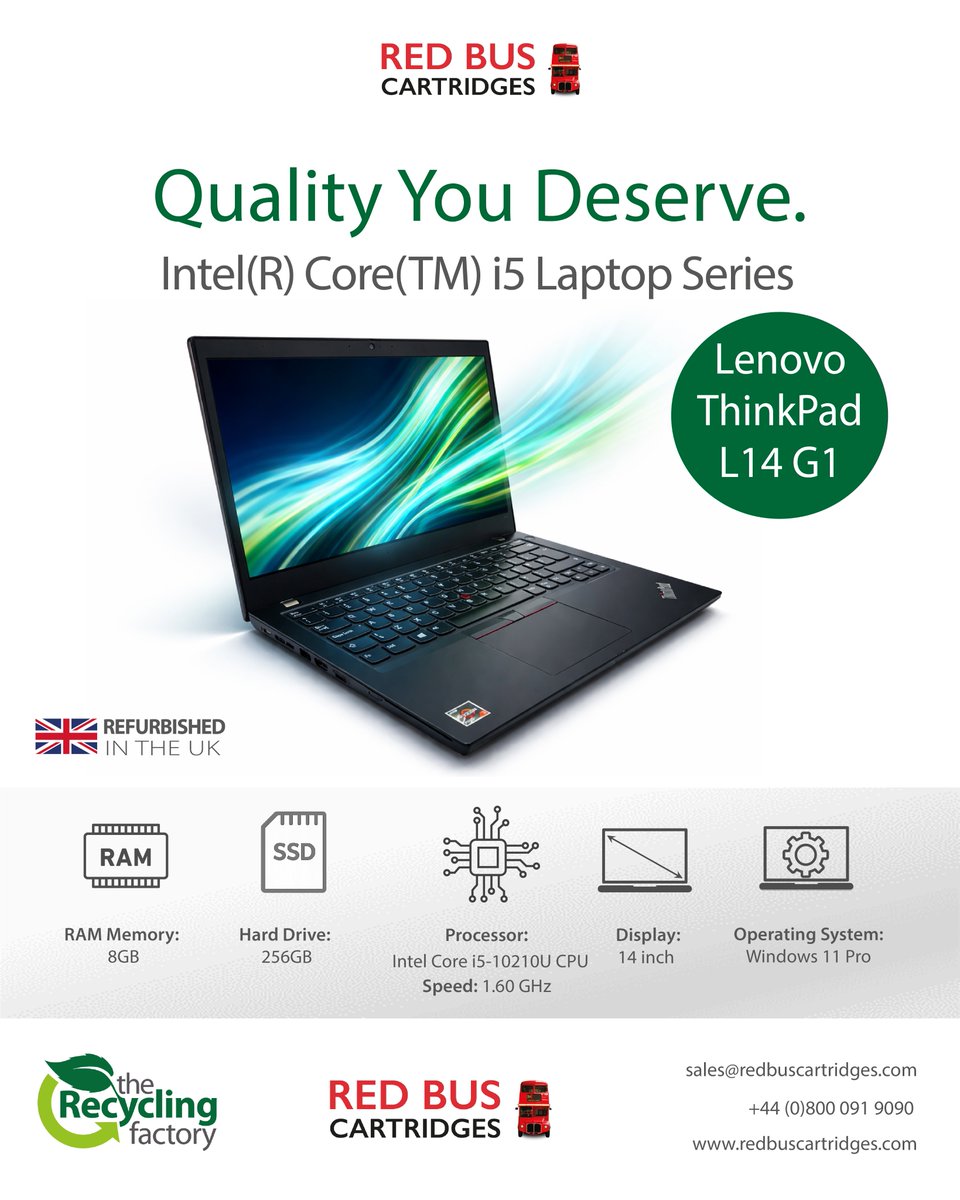 RedBusCartridge's tweet image. Refurbished Lenovo ThinkPad L14 G1 Available Now 🔥

Featuring a 14" screen display, Windows 11 Pro and 256GB storage, this model is perfect for work, school and every day life 💫

Visit redbuscartridges.com to shop now 💻

#RedBus #Lenovo #Quality #Refurbished #Windows  #Tech