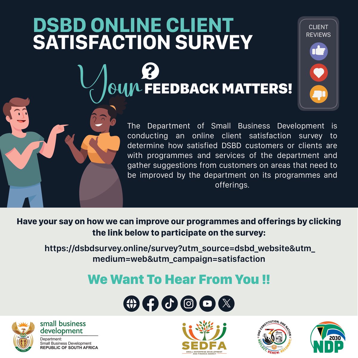 DSBD_SA's tweet image. 📢 DSBD online client satisfaction survey – Your feedback matters. Take the survey to help improve small business programmes: dsbdsurvey.online/survey?utm_sou… #DSBD #SmallBusiness #Feedback #SA 🇿🇦