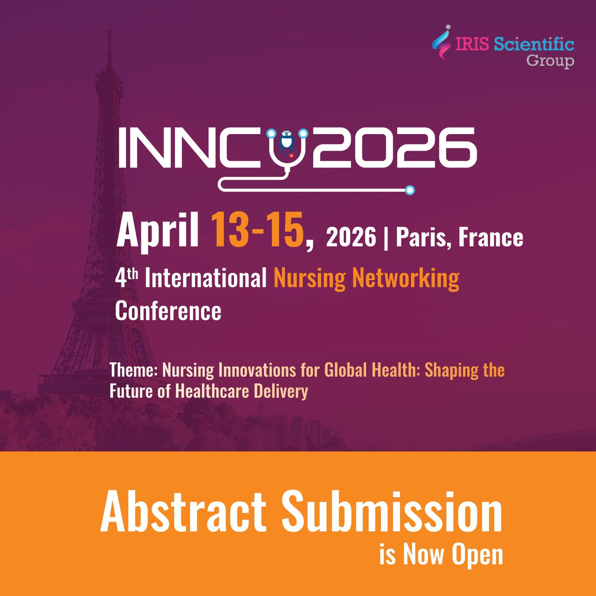 NursingIris's tweet photo. 🩺 Abstract Submissions OPEN for #INNC 2026!
📍 Paris, France 📅 April 13–15, 2026
⏳ Closing soon – limited slots!
👉 Submit: https://t.co/vIvO7w5rhc
👉 Register: https://t.co/N7M9F9VInF
🚨 Hurry! Book your slot now!
#INNC2026 #Nursing #Healthcare #NursingConference https://t.co/URQMxpIraT