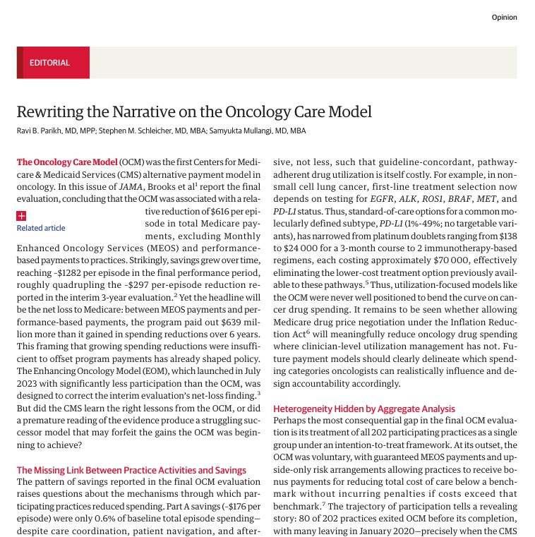 ravi_b_parikh's tweet photo. Check out latest retrospective on the @CMSinnovates @CMSGov #Oncology Care Model from @SamyuktaMD Stephen Schleicher @TNOncology  and I in @JAMA_current. Editorial on final OCM evaluation, culminating years of evaluations by Nancy Keating &amp; @gabe_a_brooks https://t.co/Sj6sYpPEyz https://t.co/a9oZcVODmp