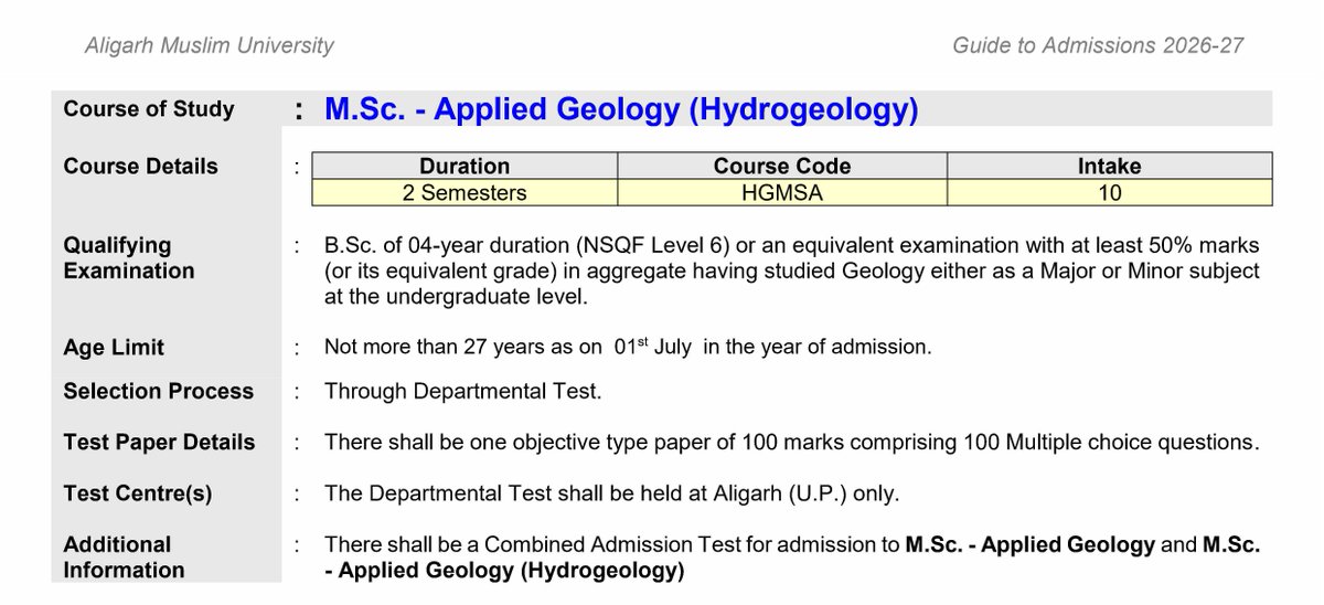 AMU_Geology's tweet photo. 📢 Launching New Course Program !

@AMU_Geology introduces a 1-Year PG Program "M. Sc. Applied Geology (HYDROGEOLOGY)" from upcoming Session 2026–27

🖥️ Eligible candidates invited | Apply online

🌍 Visit: https://t.co/LtGP2cl7hL

#Hydrogeology #Geoscience #Admissions #AMU #PG https://t.co/fZOO6UmHtE
