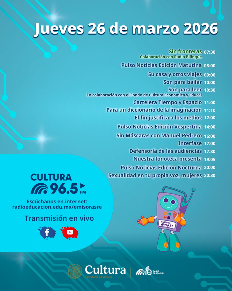 RadioEducacion's tweet photo. Este miércoles en #RadioEducación disfruta la programación que tenemos para ti 🎧

Escucha #SonParaLeer 📚 El fin justifica los medios 🎛️ #Interfase 👩🏽‍💻 mantente informado(a) con #PulsoNoticias 📰 ¡y mucho más!

📻 #Cultura965FM
💻 https://t.co/p4QeZpjhJj https://t.co/9y7utximE4