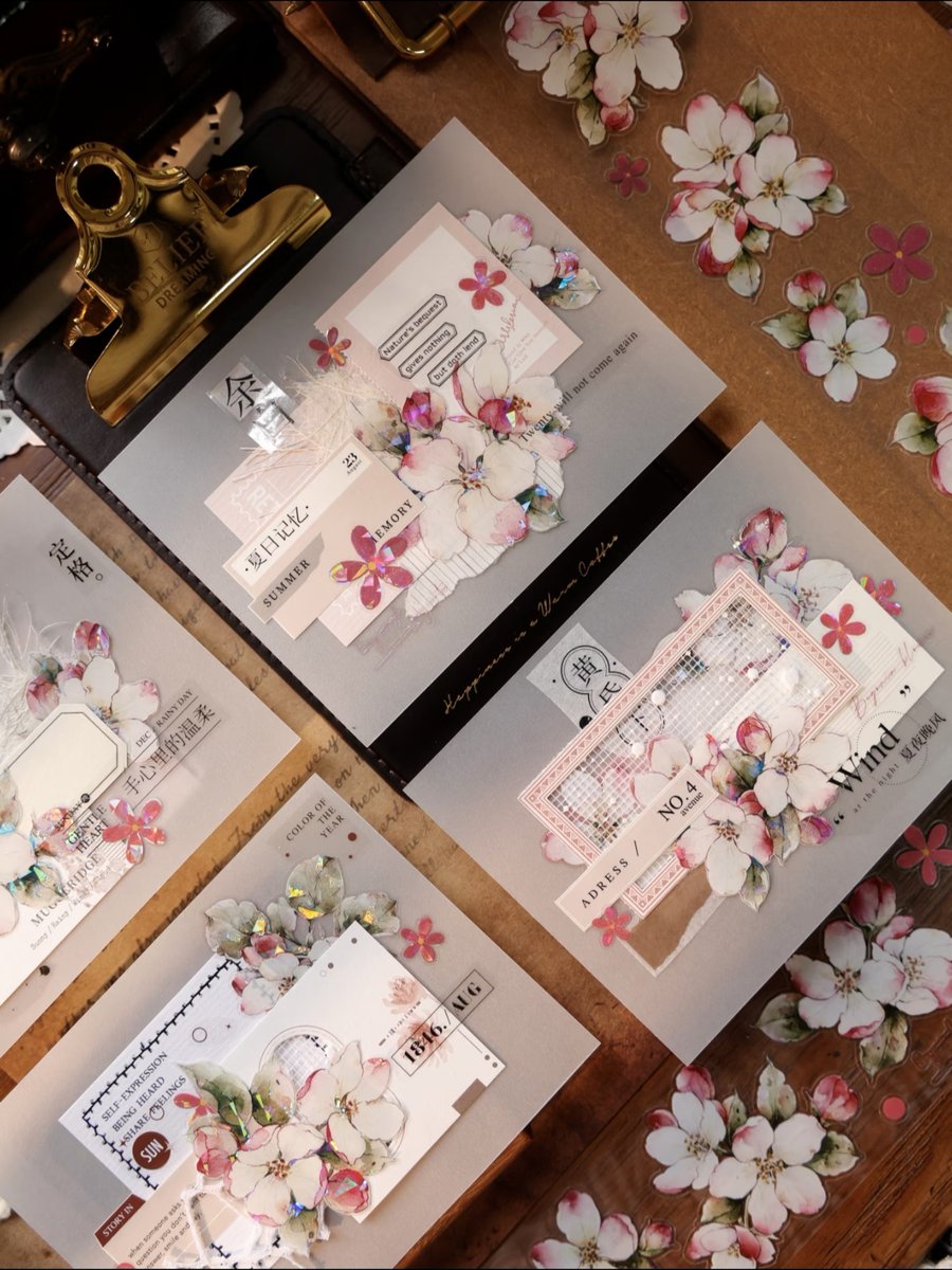 taopeach68's tweet photo. These collage cards made from tracing paper, adorned with pink flowers, have a very ethereal feel.😁😁 #junkjournaling #scrapbooking #journalsay #paperart #craftsupplies #craftcommunity #pollysplace #artjournaling #artjournal #junkjournal #crafts https://t.co/nNqMvIfPD6