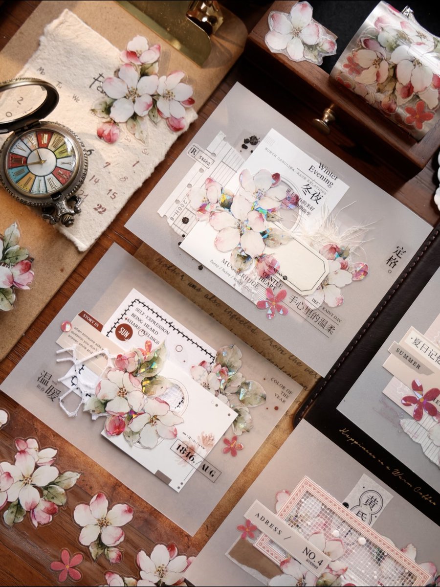 taopeach68's tweet photo. These collage cards made from tracing paper, adorned with pink flowers, have a very ethereal feel.😁😁 #junkjournaling #scrapbooking #journalsay #paperart #craftsupplies #craftcommunity #pollysplace #artjournaling #artjournal #junkjournal #crafts https://t.co/nNqMvIfPD6