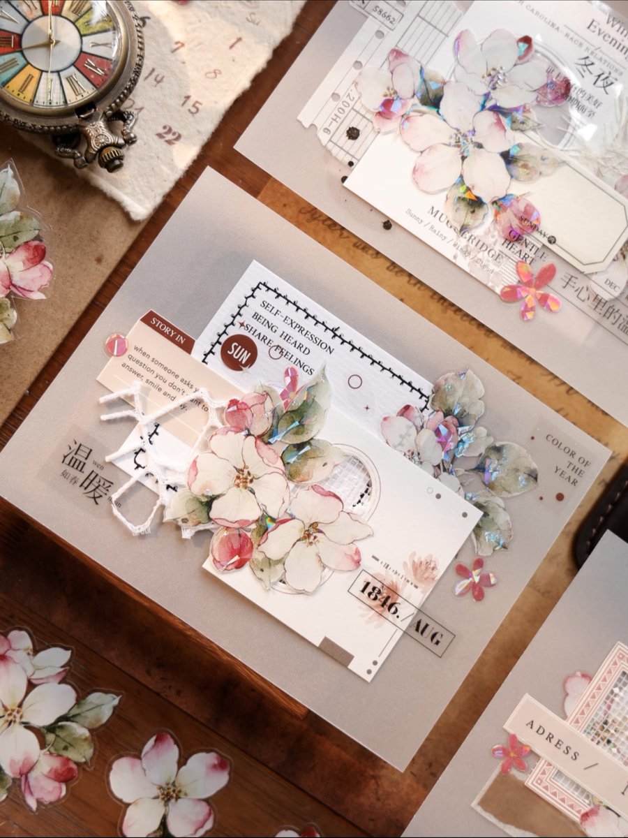 taopeach68's tweet photo. These collage cards made from tracing paper, adorned with pink flowers, have a very ethereal feel.😁😁 #junkjournaling #scrapbooking #journalsay #paperart #craftsupplies #craftcommunity #pollysplace #artjournaling #artjournal #junkjournal #crafts https://t.co/nNqMvIfPD6