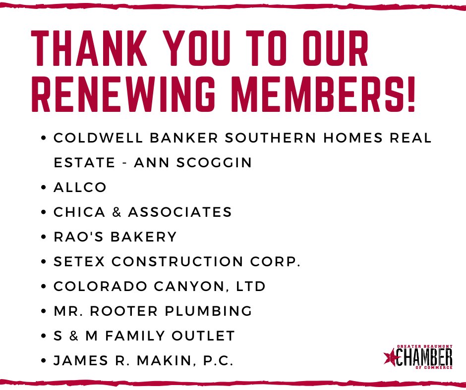 BMTChamber's tweet image. We would like to extend a heartfelt thank you to our renewing members! Your continued support and commitment play a crucial role in driving our mission forward. Thank you for being an essential part of the Greater Beaumont Chamber of Commerce! #MemberAppreciation #GBCOC #ThankYou