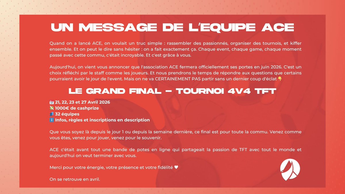 Après 3 ans (7 depuis NES) de tournois, de games clownesques et de moments incroyables avec vous, l'équipe ACE a pris une décision difficile : l'association fermera ses portes en juin 2026.

Mais on ne part pas comme ça.👇

Infos, règles et inscriptions : start.gg/tournament/tft…