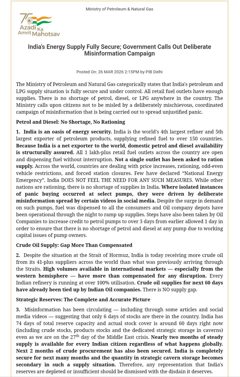 MumbaichaDon's tweet photo. ~2 mths of steady crude supply available
~Next 2 mths crude procurement fully tied up by oil cos
~800 TMT LPG cargoes assured & en route from multiple nations
~1 full month of LPG supply arranged

Energy Security Fortified! Now #Modi Govt must start filing FIRs against Piddis & Prestitutes who're spreading rumours for fear-mongering among Public.

Will Modi Sarkar do that....atleast now?