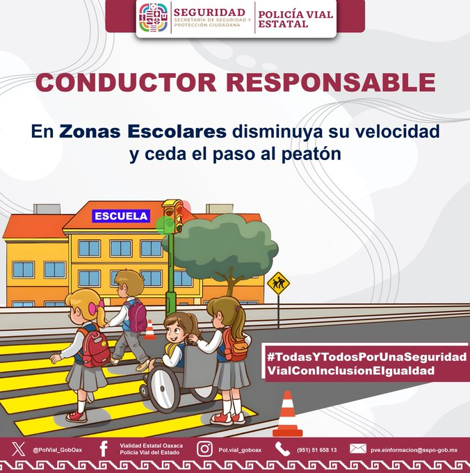 PolVial_GobOax's tweet photo. 🚸🚗 Un conductor responsable disminuye la velocidad en zonas escolares.
Respeta los señalamientos y prioriza la seguridad de niñas, niños y peatones.

#SeguridadVial #ConduceResponsable https://t.co/KyNocasKV0