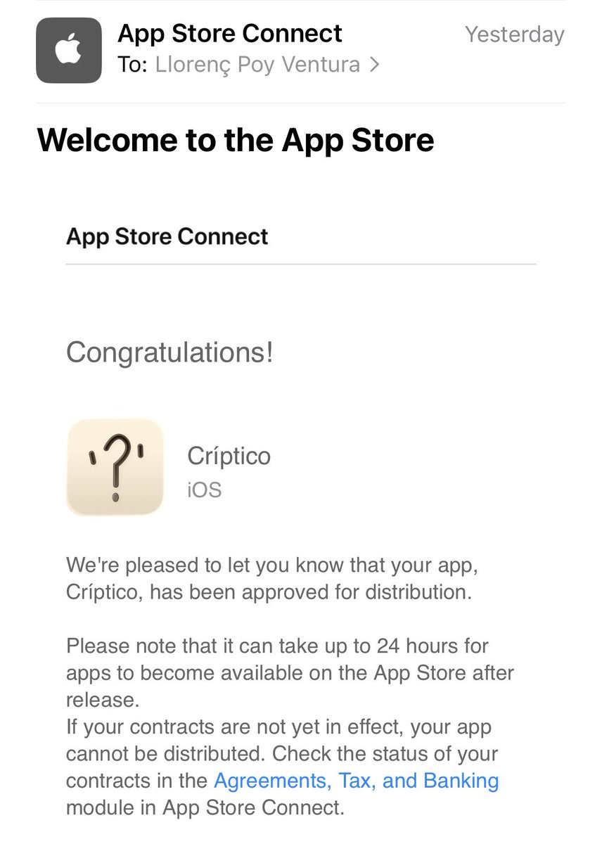 llorpv's tweet photo. Apple acaba de aprobar mi primera app ¡a la primera!

Críptico llega al App Store muy pronto. 👀🚀

#BuildInPublic #IndieDev #iOS #Dev #iOSDev #Swift #SwiftUI https://t.co/Fm6C07Ob6F