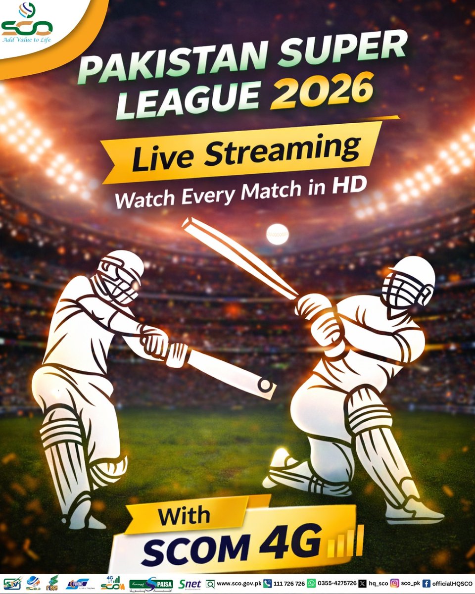 hq_sco's tweet photo. PSL 2026 is here!
Enjoy every thrilling moment LIVE in HD, stream seamlessly with SCOM 4G.
#PSL2026 #PakistanSuperLeague
#GameKaFlow #cricket #T20League #SCOM #4G #TenSports #HBLPSL11 #newera https://t.co/NAmBkTfvba
