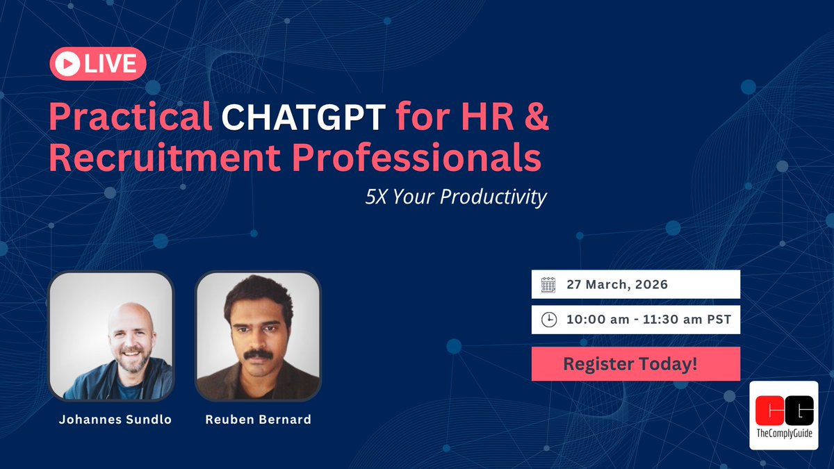 ComplyThe's tweet photo. Learn how to leverage the power of generative AI for various HR functions: hiring, salary benchmarking and other research, creating career development plans, policy writing, performance reviews, etc.

Register Today! [link in comments]
#AIinHR #chatgpt ##GenerativeAI #HRTech https://t.co/AxDGfWUGzW