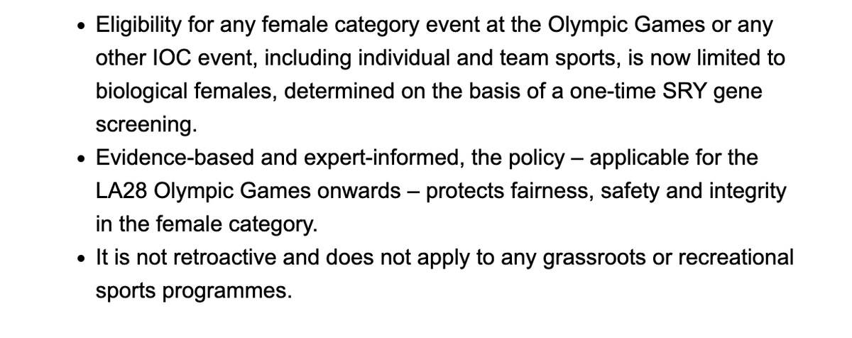 The International Olympic Committee has announced a new policy to protect the women's category that includes SRY gene testing to ensure only biological females compete.