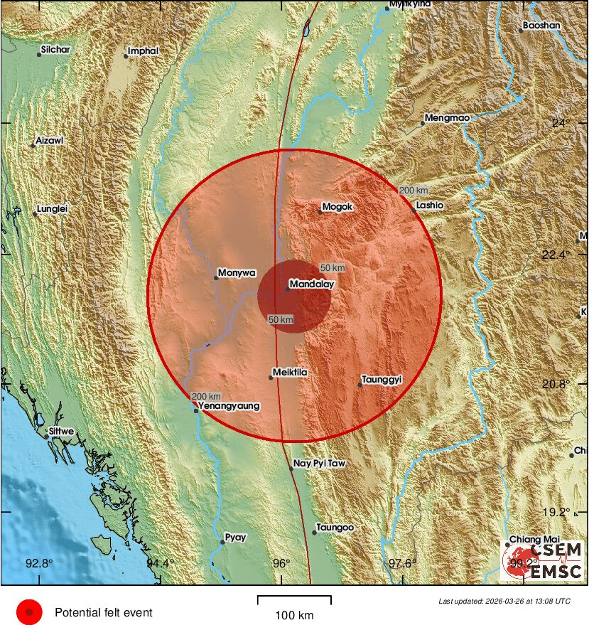 LastQuake's tweet image. #Earthquake possibly felt 34 sec ago in #Myanmar. Felt it? Tell us via:
📱m.emsc.eu/#app
🌐m.emsc.eu
🖥emsc-csem.org
⚠ Automatic crowdsourced detection, not seismically verified yet. More info soon!