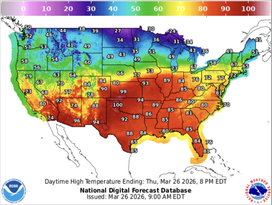 FarmPolicy's tweet image. 1/ Ag weather highlights from the @usda_oce, March 26:

On the #Plains, #cooler air, accompanied by patchy precipitation, is overspreading Montana and the Dakotas, while record-shattering #heat prevails across the southern half of the Plains.

bit.ly/3Rn0a2F
