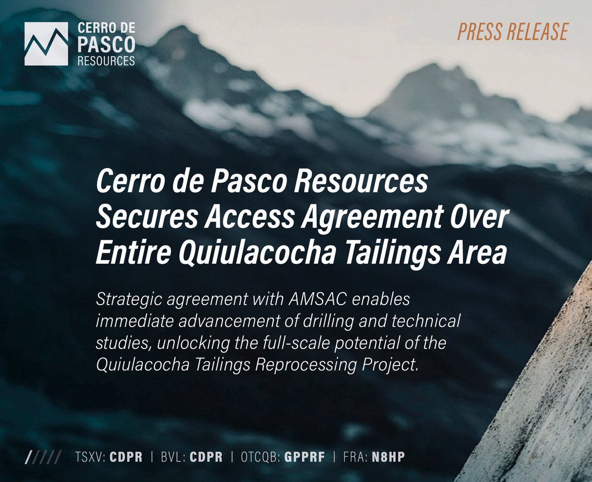 CerroInc's tweet photo. $CDPR has reached a major milestone! 📢 

We’ve secured a strategic agreement with AMSAC granting surface access to the ENTIRE Quiulacocha Tailings Area.

This collaborative framework unlocks full-scale project advancement, enabling immediate next steps for resource drilling, technical studies, and EIA preparation.

Read the full press release here: https://t.co/ogEI5zf2X1