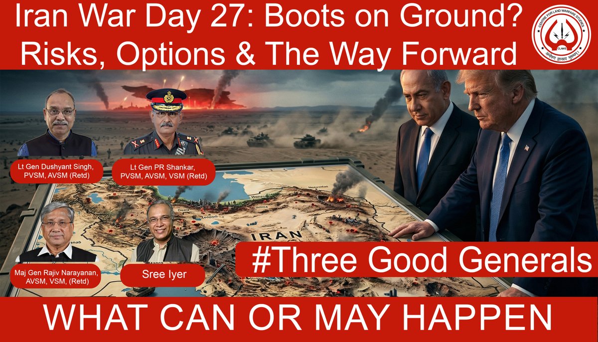 OfficialCLAWSIN's tweet photo. Iran War Day 27: Boots on Ground? Risks, Options & The Way Forward #ThreeGoodGenerals
Date: 26-03-2025
Link: https://t.co/vPzjOuQrOW
Time: 08:00pm
In this episode of #ThreeGoodGenerals featuring host @SreeIyer1
Lt Gen PR Shankar, PVSM, AVSM, VSM (Retd) @palepurshankar
Lt Gen Dushyant Singh, PVSM, AVSM (Retd) @dushy40098
Maj Gen Rajiv Narayanan, AVSM, VSM (Retd)@KlRajiv
Examine whether a ground option is workable, what alternative courses remain on the table, and what the most credible path forward now looks like.
As the Iran war enters Day 27, the biggest question is whether any “boots on the ground” option can realistically deliver results, or whether it would deepen the crisis instead. Fresh reporting on March 25–26 indicates that Iran has rejected the U.S.-backed ceasefire framework, is insisting on its own terms, and remains resistant to direct negotiations, while broader diplomatic pressure is mounting from China and regional intermediaries.
At the same time, the military, political, and economic costs of escalation are rising. Gulf states are signaling concern over both a premature settlement and a prolonged conflict, global markets have turned risk-off, and oil has surged above $105 amid fears of deeper disruption around Hormuz.
#IranWar #Iran #US #Israel #Trump #Hormuz #MiddleEast #Geopolitics #OilPrices #ThreeGoodGenerals