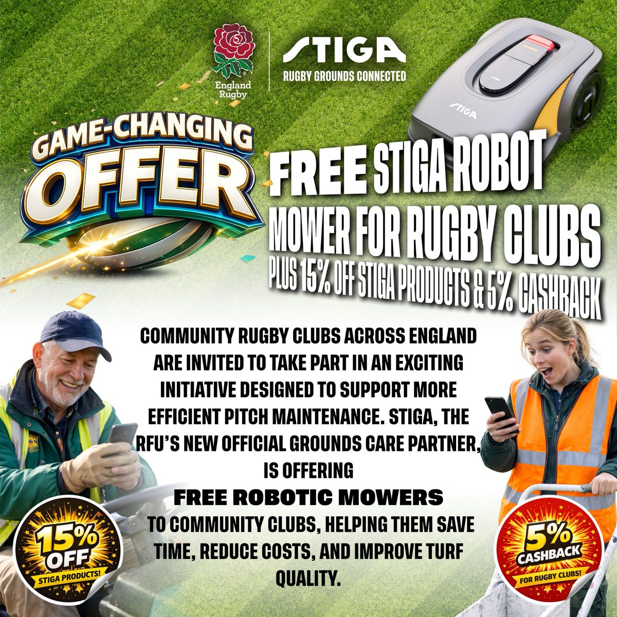We at Silloth Rugby Football Club are delighted to receive robotic mowers through this fantastic initiative with the Rugby Football Union &amp; STIGA.
✨ Saving time
💷 Cutting costs
🌿 Improving pitch quality
Huge thanks to our groundsmen David &amp; Mark—already doing a brilliant job.